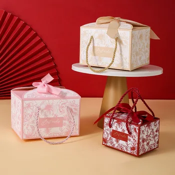 20 бр/лот, Креативна нова преносима кутия за сватбени шоколадови бонбони, опаковки за празнични подаръци, хартиена кутия с панделка, са на разположение три цвята Изображение 0