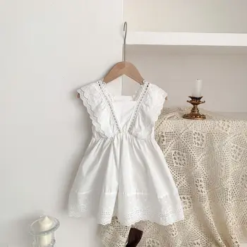 2023 Детска Пролетно-летни дрехи Дантелено рокля за малки момичета Модерен Тънък Бял Кухи жилетка, Рокля на принцеса от едно Парче памук Изображение 0