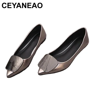 CEYANEAO2019 женски метални обувки на плоска подметка с катарама на заостренном чорап, кожени лоферы, дамски обувки, ежедневни дамски обувки 2210