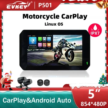 EVKEY 5-инчов преносим мотоциклет дисплей CarPlay IPX7 водоустойчив монитор 1080P с двойно сметките и циклични показване на налягането в гумите