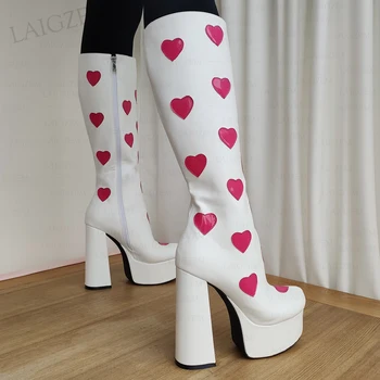 LAIGZEM/ Дамски ботуши до коляното на платформа с цип отстрани, с Високи ботуши с бродерия във формата на сърца, Удобни Botas Mujer, Големи размери 39 41 44 47