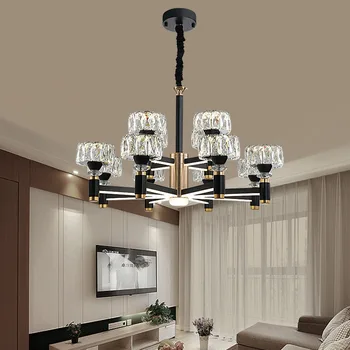 Nordic light луксозна всекидневна, led кристален полилей, модерна минималистичная луксозна трапезария, спалня, златни и черни плафониери