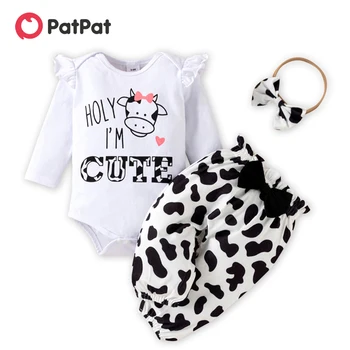 PatPat, комплект от 3 теми, бял гащеризон с дълги ръкави и принтом крави за момичета и панталони с лък