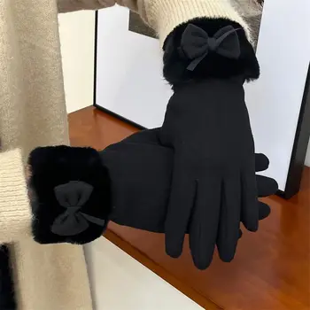Ветроупорен дебели топли ръкавици за предпазване от студ ръкавици за целия пръст със сензорен екран, тънък кадифени ръкавици с лък