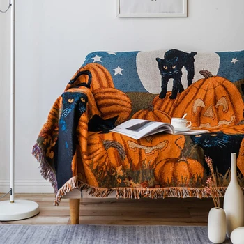 Вязаное одеяло с шарени котки тиква за Хелоуин с четка, кърпа за дивана, покривка за дивана, подложка за пикник, декорация на дома, гоблен