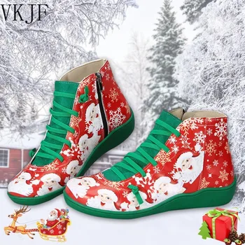 Дамски зимни обувки от естествена кожа, пролетни обувки на плоска подметка с 3D принтом, Коледни ботуши на равна подметка със страничен цип