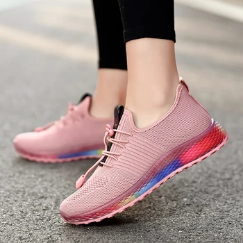 Дамски маратонки с преливащи се подметки, Цветни тенденция маратонки за бягане, Дамско Лека спортни обувки с дишаща въздушна мрежа, Дамски обувки за тренировки във фитнеса