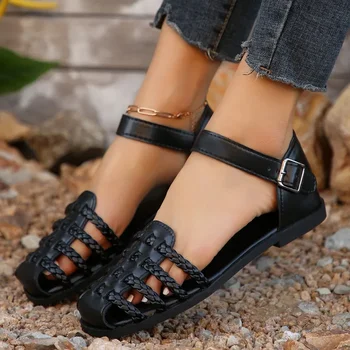 Дамски обувки 2024, нови летни дамски римски сандали, Модерни дизайнерски сандали със затворени пръсти, Леки и удобни сандали на равна подметка