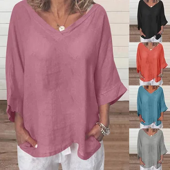 Дамски ризи 2023, памучен бельо блуза голям размер, обикновен ръкав три четвърти, дамски ежедневни блузи в стил летни пътувания, върхове Изображение 0