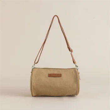 Дамски холщовая bag-въздушна възглавница за бочкообразной форми на едно рамо в ретро стил, ежедневна чанта през рамо с цип, модни универсална бостонская чанта