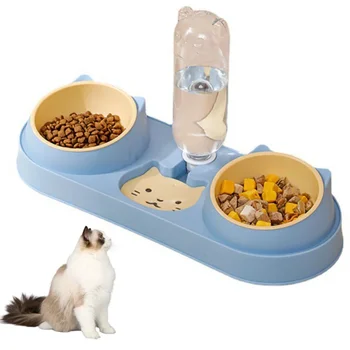 Купа за домашни котки, автоматична ясла, купа за храна за кучета с фонтан, двойна купа за пиене, да повдигнат чиния, купа за котки