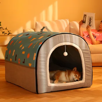 Легло за домашни котки и кучета, Подложки, Двуцветен геометрична схема, Домашно гнездо в разглобено формата, Изми, Зимни Топли Полузакрытые Стоки за домашни любимци Изображение 0