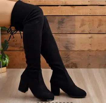 Модни дамски обувки от изкуствен велур на висок ток, есен-зима, еластични ботуши до коляното, дамски ботуши-тръба дантела, ботуши до бедрата на дебелите ток Изображение 0