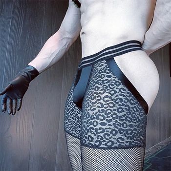 Мъжки секси мрежести, прозрачни боксови шорти с изпъкнала калъф, еротични шорти с отворени задните части, Къса чорапогащи, Разтеглив леопардовые панталони