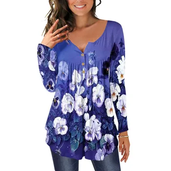 Пролетни и есенни тениска Дамска туника с цветен принтом и бутони Блузи с дълъг ръкав, V образно деколте Ежедневно Свободна тениска реколта дрехи от Топ 4