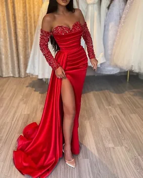 Секси червена вечерна рокля 2024 с дълъг ръкав, отворени рамене, расшитое пайети, атласное Женствена рокля с цепка за бала, халат Soiree De Изображение 0