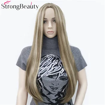 Силни красота на синтетични дълги прави перуки с гъсти монолитни коса, Огнеупорни женски перука