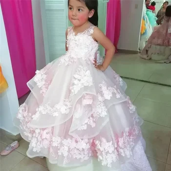 Сладка розова рокля на цветчета за момичетата, многослойни поли, Лейси апликация, рожден Ден за едно малко момиченце, Първо причастие, Празнична Сватбена рокля