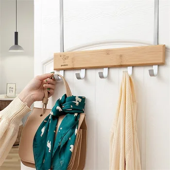 Удар безплатно бамбук закачалка за палто на закачалка за дрехи с 5 алуминиеви куки за вратата чанта органайзер за дрехи кърпа притежателя шал връзка  Изображение 0