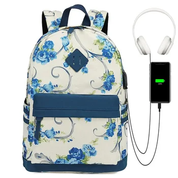 цвете раница училищни чанти за момичета студентски USB порт, жак за слушалки, чанта за момичета с цветен модел