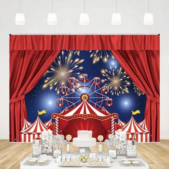 Цирк, Карнавал, парти, Червена палатка, Фойерверки, виенско Колело, на Фона на снимка, Детски банер в карикатура театър