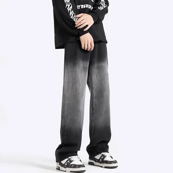 Широки черни дънки Мъжки Модни ежедневни Градиентные реколта дънки Мъжки градинска облекло за Хип-хоп Свободни Преки дънкови панталони, Мъжки панталони