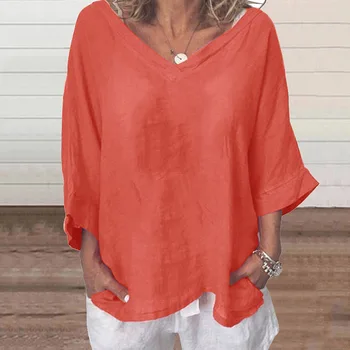 Дамски ризи 2023, памучен бельо блуза голям размер, обикновен ръкав три четвърти, дамски ежедневни блузи в стил летни пътувания, върхове Изображение 1