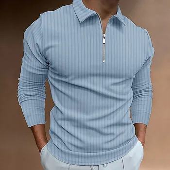 Мъжки ежедневни есенна риза с ивици от плат с отложным яка с цип, памучни мъжки ризи за мъже, мъжки ризи, панталони, ризи за мъже Изображение 1