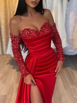 Секси червена вечерна рокля 2024 с дълъг ръкав, отворени рамене, расшитое пайети, атласное Женствена рокля с цепка за бала, халат Soiree De Изображение 1