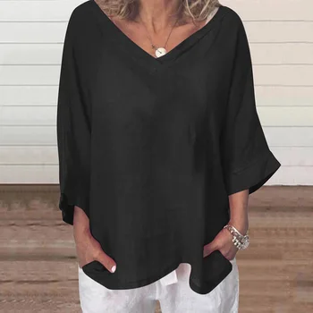 Дамски ризи 2023, памучен бельо блуза голям размер, обикновен ръкав три четвърти, дамски ежедневни блузи в стил летни пътувания, върхове Изображение 2