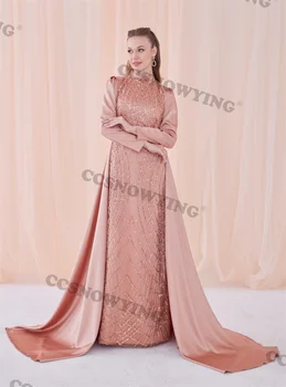 Луксозни апликации, Мюсюлмански вечерни рокли с дълъг ръкав и висока воротом, Вечерни дамски hijabs, Арабски халат за баня-кафтан Изображение 2