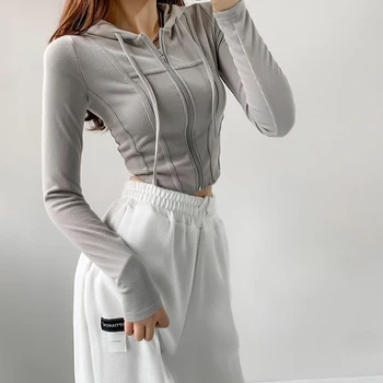 Однотонная тънка тениска с дълъг ръкав, дамски пролетно-летни плътно прилепнали тениски с качулка, женски сексуални прости съкратен върховете в стил мозайка Изображение 2