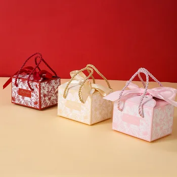 20 бр/лот, Креативна нова преносима кутия за сватбени шоколадови бонбони, опаковки за празнични подаръци, хартиена кутия с панделка, са на разположение три цвята Изображение 3