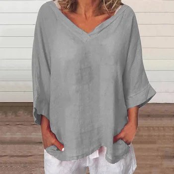 Дамски ризи 2023, памучен бельо блуза голям размер, обикновен ръкав три четвърти, дамски ежедневни блузи в стил летни пътувания, върхове Изображение 3