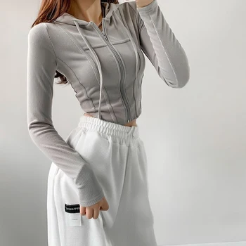 Однотонная тънка тениска с дълъг ръкав, дамски пролетно-летни плътно прилепнали тениски с качулка, женски сексуални прости съкратен върховете в стил мозайка Изображение 3