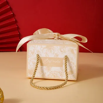20 бр/лот, Креативна нова преносима кутия за сватбени шоколадови бонбони, опаковки за празнични подаръци, хартиена кутия с панделка, са на разположение три цвята Изображение 4