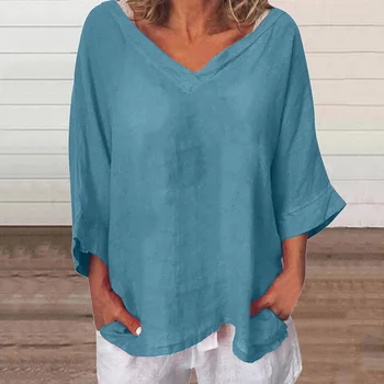 Дамски ризи 2023, памучен бельо блуза голям размер, обикновен ръкав три четвърти, дамски ежедневни блузи в стил летни пътувания, върхове Изображение 4