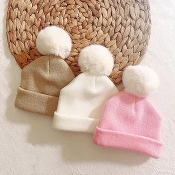 Зимни детски шапки за момичета и момчета, детска шапчица с помпоном, Детска шапчица-капор, Аксесоари за детска шапчица 0-3Y Изображение 4