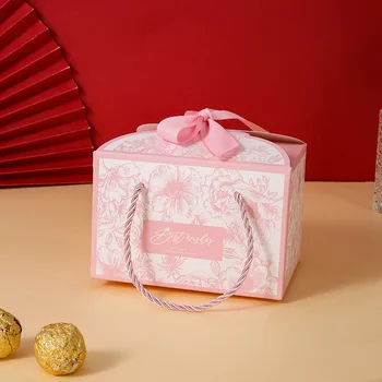 20 бр/лот, Креативна нова преносима кутия за сватбени шоколадови бонбони, опаковки за празнични подаръци, хартиена кутия с панделка, са на разположение три цвята Изображение 5