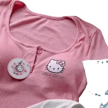Ново Секси бельо Sanrio на Hello Kitty с къси ръкави, Моден Тренд, Женска Тениска с кръгло деколте, Топ модел от Картун с Бюстгальтером, Бельо Изображение 5